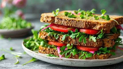 Food sandwich with tomatoes, lettuce sprouts or mocrogreen on a plate