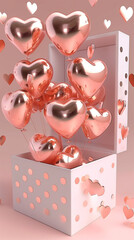 Rose Gold Heart Balloons Floating from Gift Box

