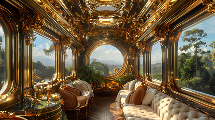 luxurious train with gold tones which has a variety of seating options including couches and chairs. The seating options are surrounded by numerous mirrors and framed pictures. 