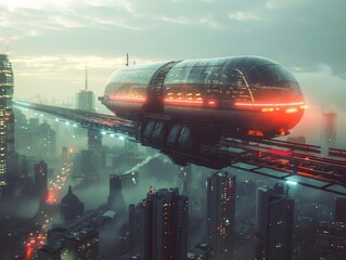 Magnetic levitation Maglev troop transport speeding through a dystopian cityscape under curfew