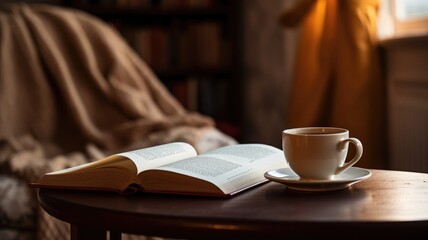 Warm sunlight on an open book and a cup of coffee on a side table.