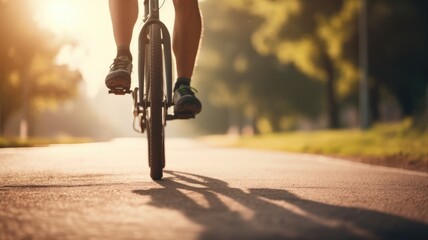 Person cycling on a sunlit path through a park.