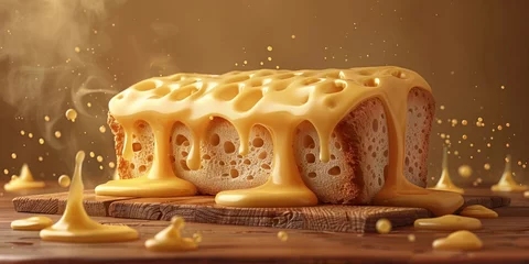 Cheesy Melted Bread on Wooden Board Savory and Delicious Snack Food Presentation Concept © SHOTPRIME STUDIO