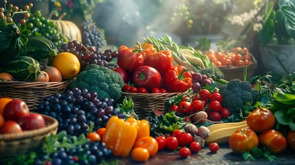 Balanced diet, cooking, culinary and food concept - close up of vegetables, fruits and spices on...