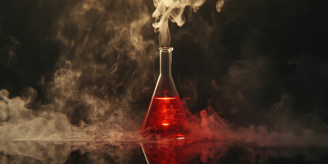 A conical flask with a red liquid emits swirling vapors against a dark, moody background, evoking a sense of alchemical mystique.	
