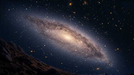 Fototapeta premium Majestic Spiral Galaxy Ascending over Rocky Horizon