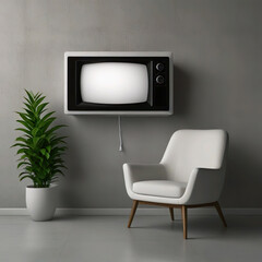 Mockup 3d television vintage junto a una butaca y una planta en un salón  - obrazy, fototapety, plakaty