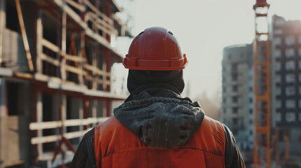 Professional builder working on a construction site, seen up close and from behind