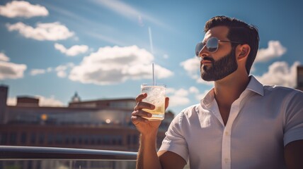 Man in sunglasses holding a cold drink with urban skyline in background.
