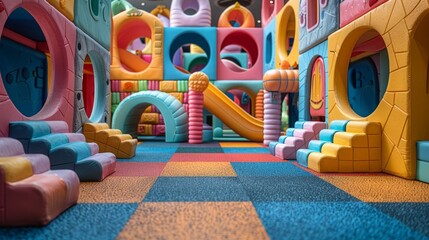 A picturesque scene of a playground with bright, colorful circular stepping stones representing fun and childhood - obrazy, fototapety, plakaty
