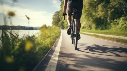 Bicyclist on a road by the lake with wildflowers in the foreground.