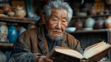 Elderly man reading a large book in an antique shop surrounded by pottery during autumn in a rustic location