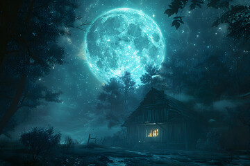 Paisaje nocturno con luna grande e iluminada - obrazy, fototapety, plakaty