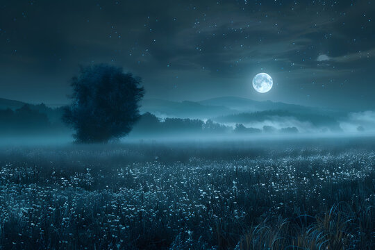 Paisaje nocturno con luna grande e iluminada