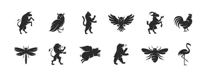 Heraldic animals set. Animals elements for Coat of Arms design.  Bull, Owl, Goat, Lion, Bear, Piggy, Cat, Bee silhouettes. Vector illustration.  - obrazy, fototapety, plakaty