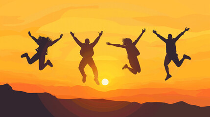 Joyful Leap: Four People Jumping with Excitement