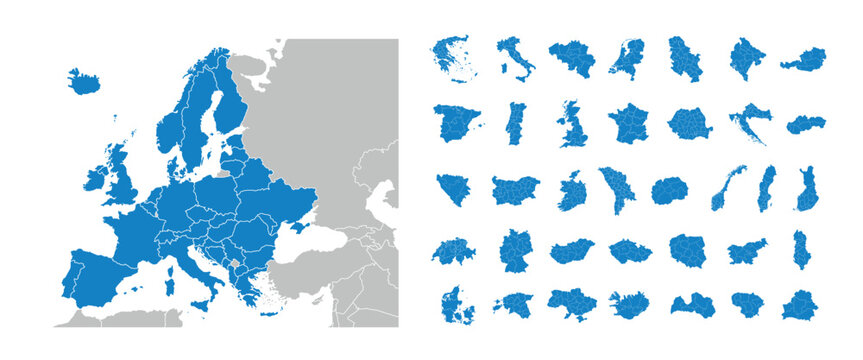 Fototapeta Europe maps with regions isolated on a white background. Europe countries maps set. Map of Europe. Vector illustration