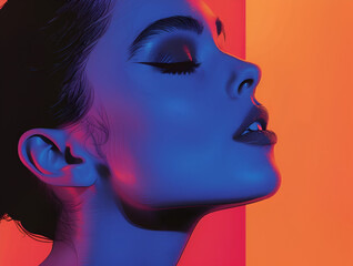Close-up of a woman's profile with vibrant blue and red lighting, showcasing a dramatic makeup look.
