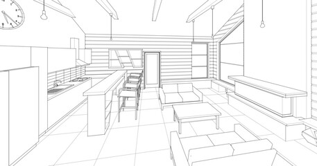 interior of a wooden house kitchen living room