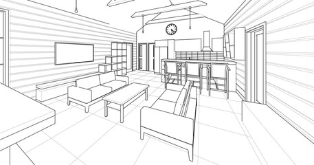 interior of a wooden house kitchen living room