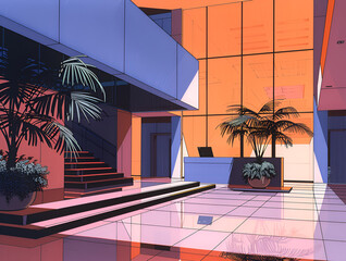 Vibrant digital illustration of a modern lobby interior with geometric shapes and plants. - obrazy, fototapety, plakaty