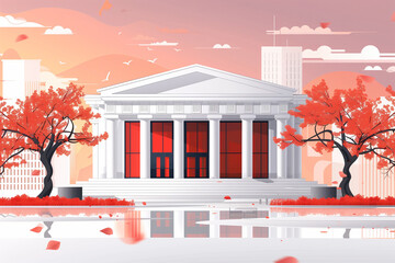 A stylized illustration of a classic building with red trees under a soft pink sky.