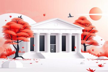 Illustration of a classical building with red autumn trees and a colorful sky. - obrazy, fototapety, plakaty