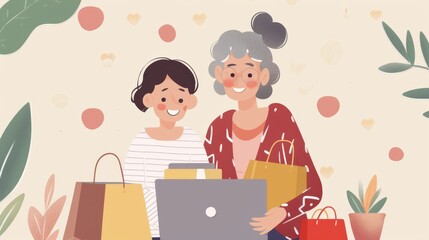 Illustration of a grandmother and granddaughter enjoying online shopping together