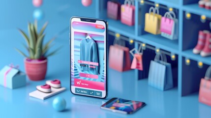 Smartphone displaying online shopping app with a vibrant retail backdrop