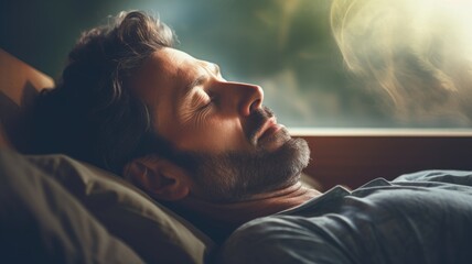 Man asleep in bed with sun streaming through the window.