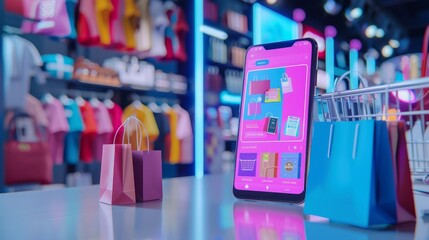Smartphone on a store counter displaying shopping bags app with a cart and bags in the background - obrazy, fototapety, plakaty