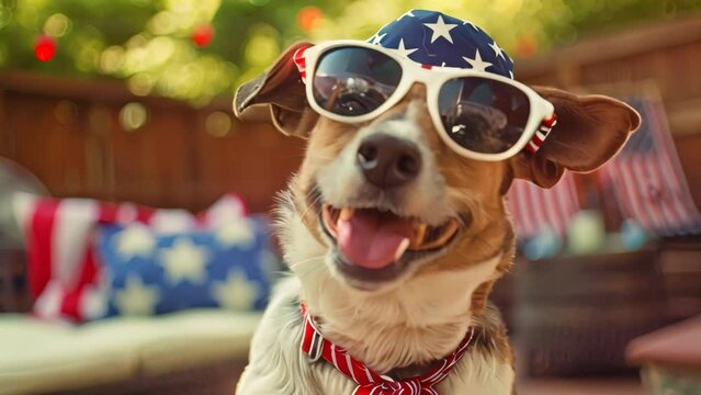 Happy dog wearing sunglasses with American flag design and bandana sitting on patio. Patriotic celebration concept.
