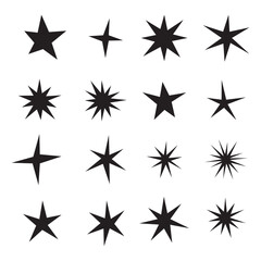 Set of hand drawn star icons. Stars of different shapes, a set of templates for greeting card, poster. Vector illustration.