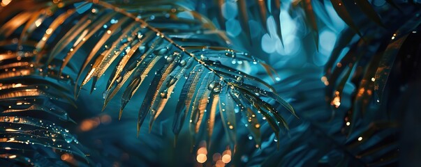 Close-up fern leaves adorned with rain or dew drops in a tropical setting at dawn - Powered by Adobe