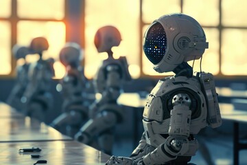 A futuristic depiction of AI-assisted teaching,robot teaching,  AI generated