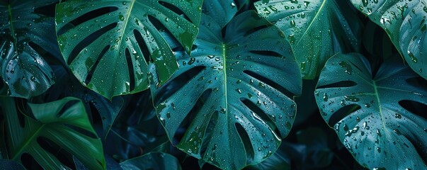 Close-up lush green monstera leaves adorned with rain or dew drops in a tropical setting at dawn