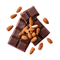 Dark chocolate bar with almonds on transparent background