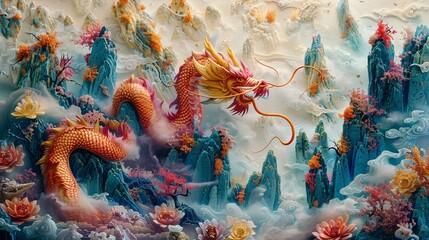 A dragon made of dragon fruit and lychee, soaring above a kingdom of fortune cookie mountains