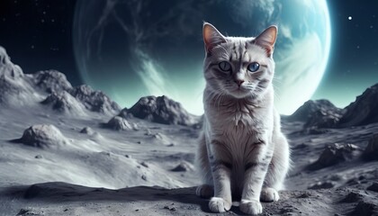 Lonely brave cat walks on the moon, space cat - obrazy, fototapety, plakaty