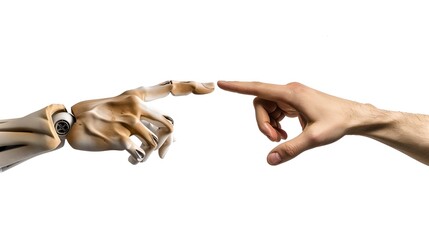 Human and Robot Hand about to Touch in a Symbol of Connection and AI Integration. Futuristic Concept of Human-AI Interaction. Simple White Background. AI - obrazy, fototapety, plakaty