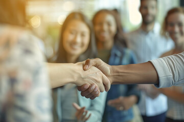 Moment of a warm and welcoming handshake between a diverse group of corporate professionals, symbolizing the act of hiring and employment. - obrazy, fototapety, plakaty