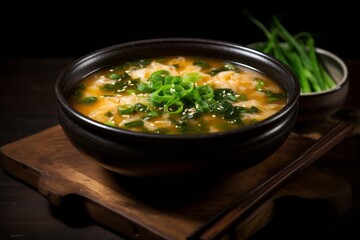 Hearty miso soup on a rustic plate against a dark background