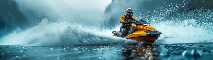 High-speed jet ski racing on a lake, thrilling, water sports, adventure, sci-fi tone - obrazy, fototapety, plakaty