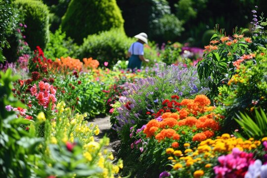 Flower garden, A gardener tending to a lush, colorful flower garden, AI generated