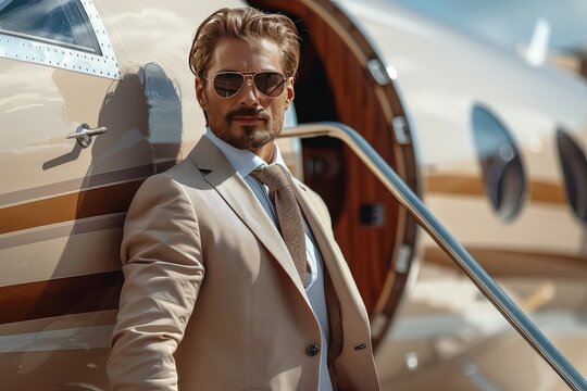 Stylish businessman exiting a private jet. The wind calls his hair and clothes. The wind's touch becomes a signature element of his style, infusing his look with an irresistible sense of movement.
