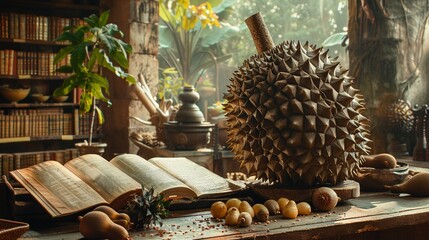 An ancient library carved into a giant durian, filled with scrolls of ancient recipes and culinary secrets