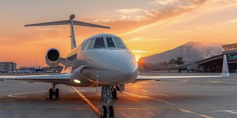 Modern executive jet plane at the airport runway on the background of dramatic sunset. A radiant sunset casts a golden glow on the sleek lines of the modern executive jet at the airport runway. - obrazy, fototapety, plakaty