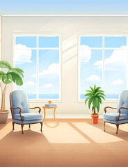 Storybook Living Room Background with Minimal Furniture and Space for Characters in the Foreground