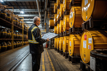 A warehouse worker inspects rows of large yellow industrial barrels. - obrazy, fototapety, plakaty