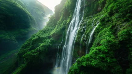 Fotobehang Breathtaking waterfall cascading down lush green mountainside, Nature Beauty © Mars0hod